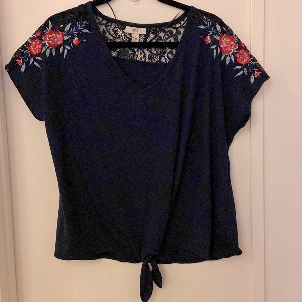 Navy Blue Blouse with pretty flowers and leaves embroidered on fabric & lace.